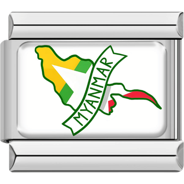 Silver-framed Italian charm showing the map of Myanmar in green, yellow and red flag colors with a curved banner reading “Myanmar.”